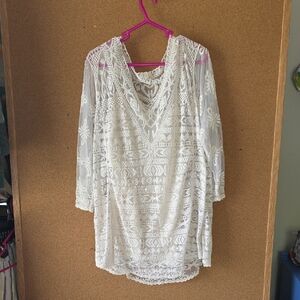 Adiva White Lace Crochet Boho Top 1X V‑Neck Sheer Sleeve Blouse W Under Tank Top